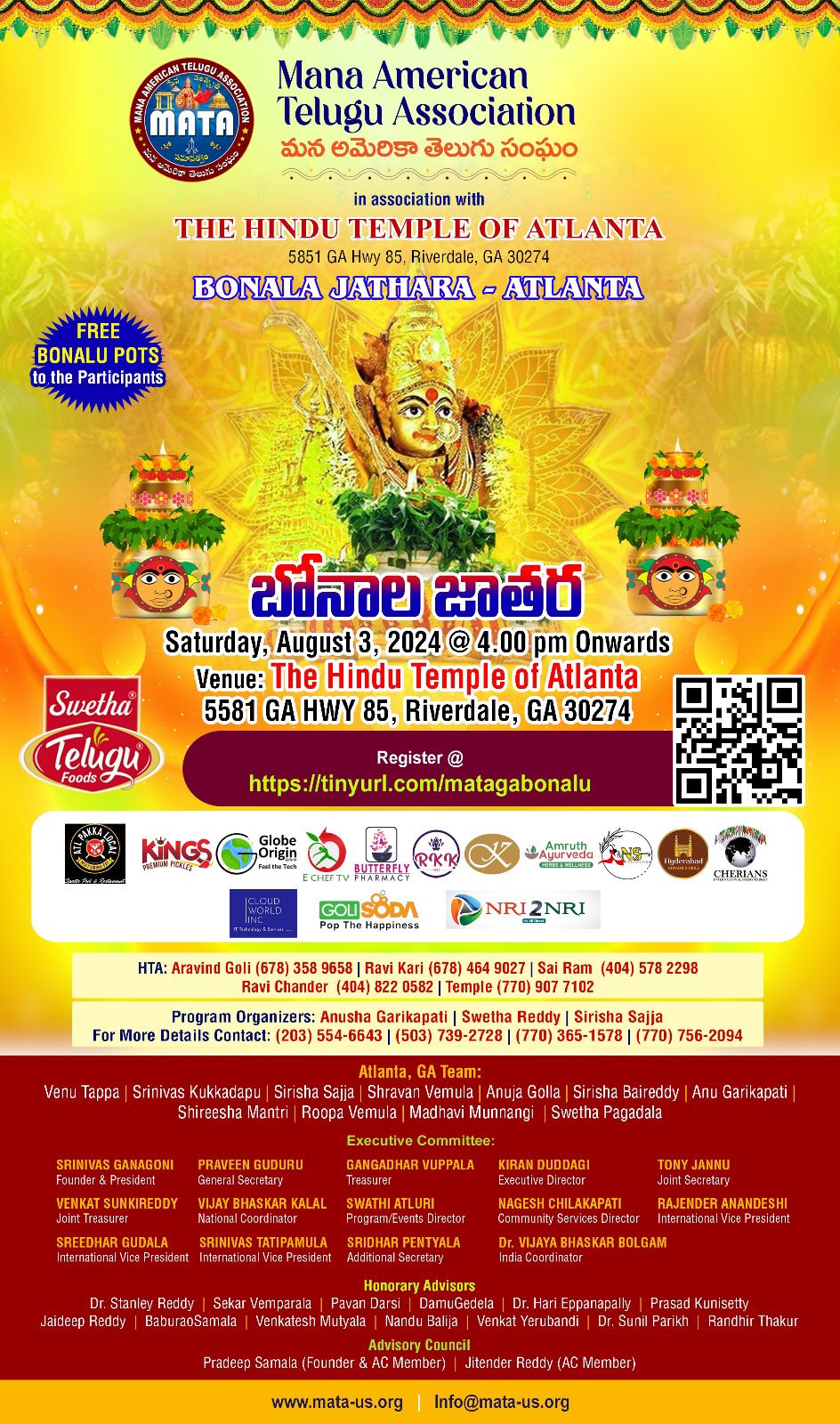 MATA బోనాలు celebrations on August 3 Hindu Temple of Atlanta